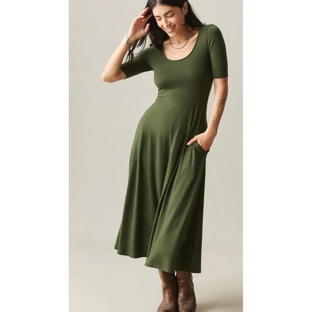 American Giant Olive Green Flex Fit & Flare Midi Dress Womens Size M USA Made - Picture 1 of 12